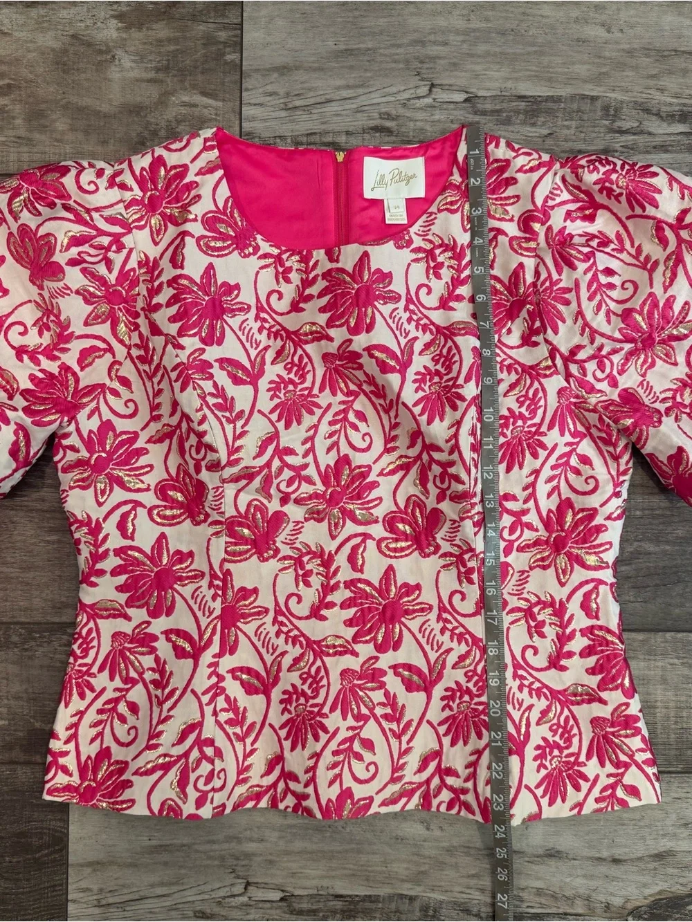 Lilly Pulitzer Hot Pink and White Floral Puff Sleeve Top Sz 14